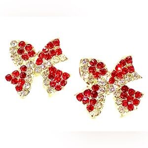 Christmas Red White Pave Crystal Rhinestone Bow Knot Gold Tone Stud Earrings NWT